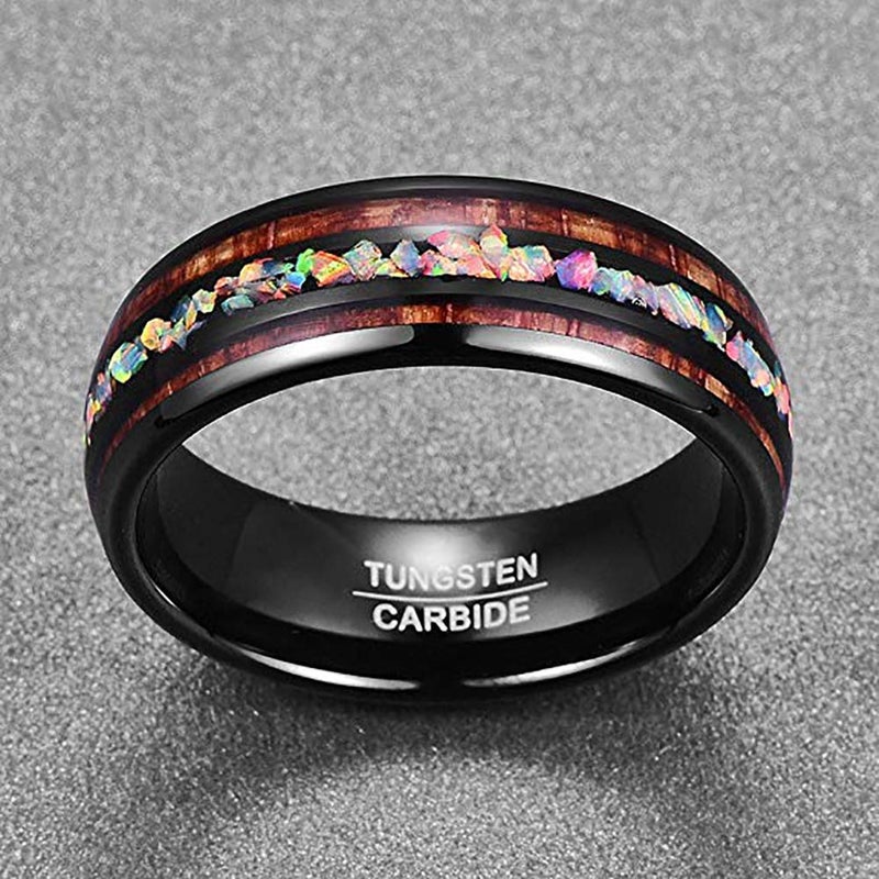 NUNCAD 8mm Black Tungsten Opal Ring with Hawaiian Koa Wood Wedding Ring Engagement Ring Promise Ring Size 10 - Image 3